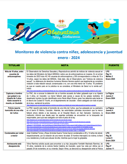 Monitoreo de violencia contra niñez, adolescencia Enero 2024