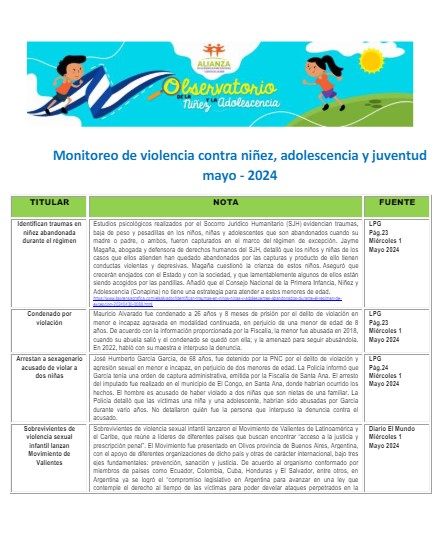 Monitoreo de violencia contra niñez, adolescencia Mayo 2024