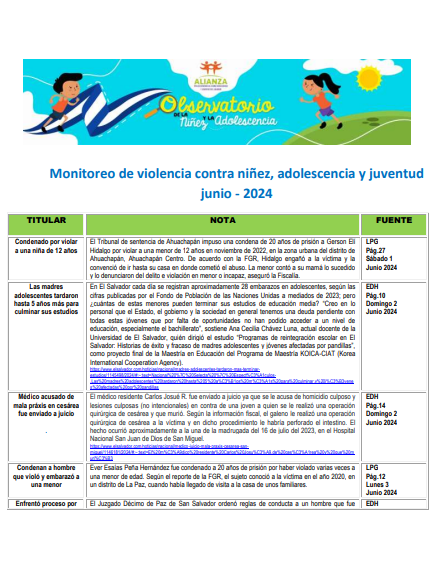 Monitoreo de violencia contra niñez, adolescencia Junio 2024
