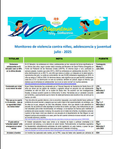 Monitoreo de violencia contra niñez, adolescencia Julio 2025