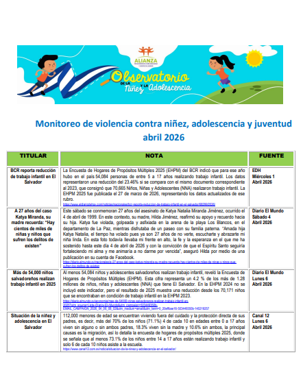 Read more about the article Monitoreo de violencia contra niñez, adolescencia Abril 2026