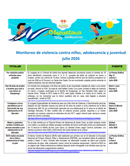 Read more about the article Monitoreo de violencia contra niñez, adolescencia Julio  2026
